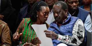 Azimio La Umoja One Kenya Coalition Party running mate Martha Karua and presidential candidate Raila Odinga.