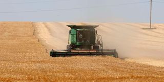 A farmer harvests wheat in Ukraine.